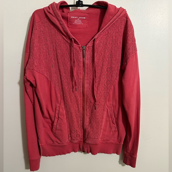 Dkny Tops - DKNY Jeans Deep Coral Front Lace Overlay Hooded Sweatshirt, Size L